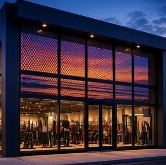 Example concept image: perforated storefront windows, rendered in the site style