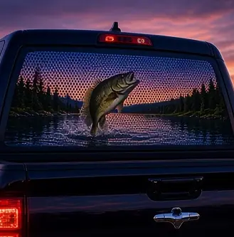 Example concept image: perforated bass fishing rear window, rendered in the site style