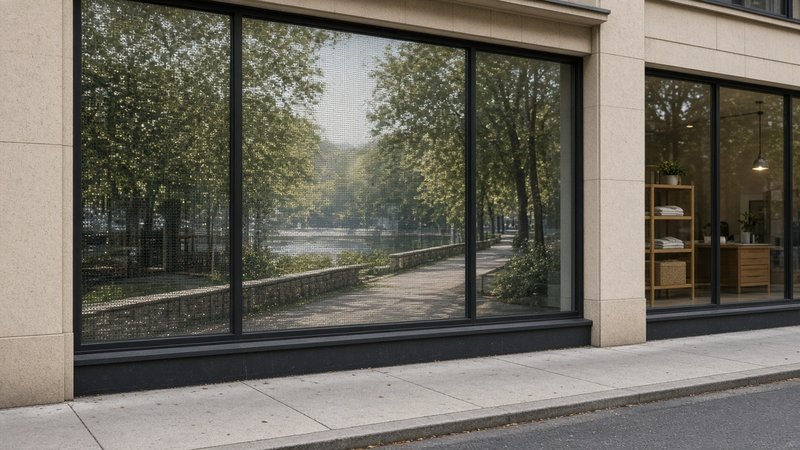 Shop windows with one-way vision perforated graphics seen from the sidewalk