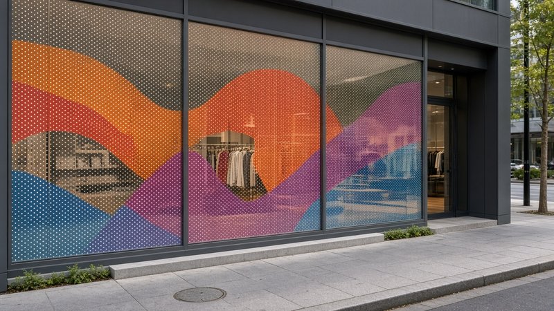 Retail storefront windows covered with one-way vision perforated graphics