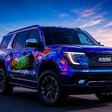 SUV with colorful vehicle graphics