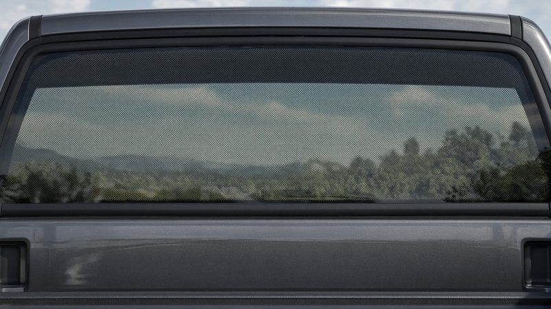 Second pickup truck with a perforated graphic across the rear window, shown from outside